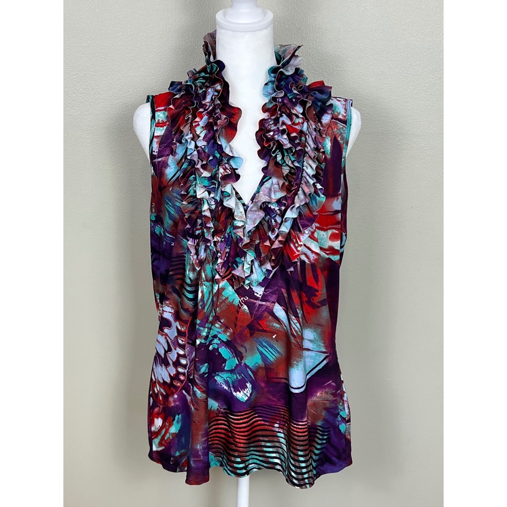 Milano Petite Ruffle Neck Abstract Print Sleeveless Top Purple Red PL